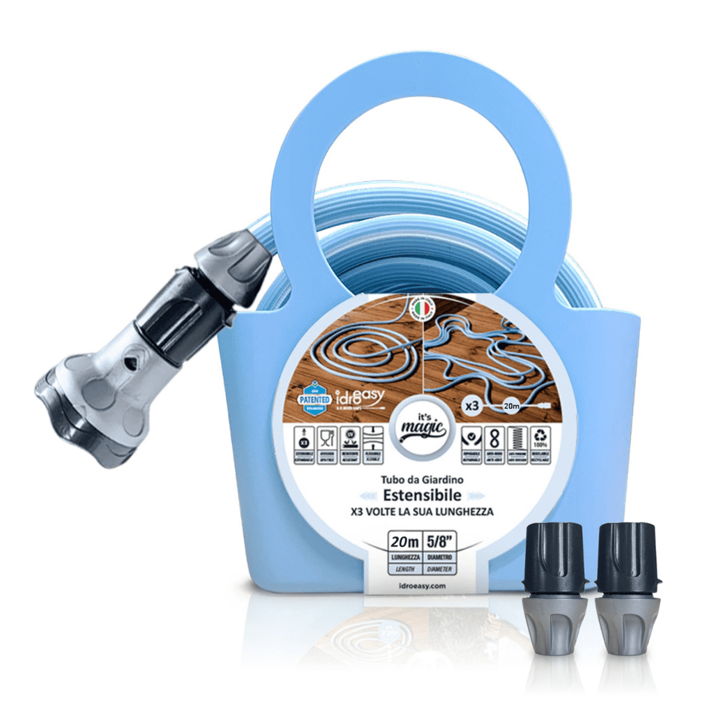 Expandable Garden Hose (10 / 20 m) - 5/8'' + Nozzle + Quick Connectors (It's Magic Soft Pastel Blue)